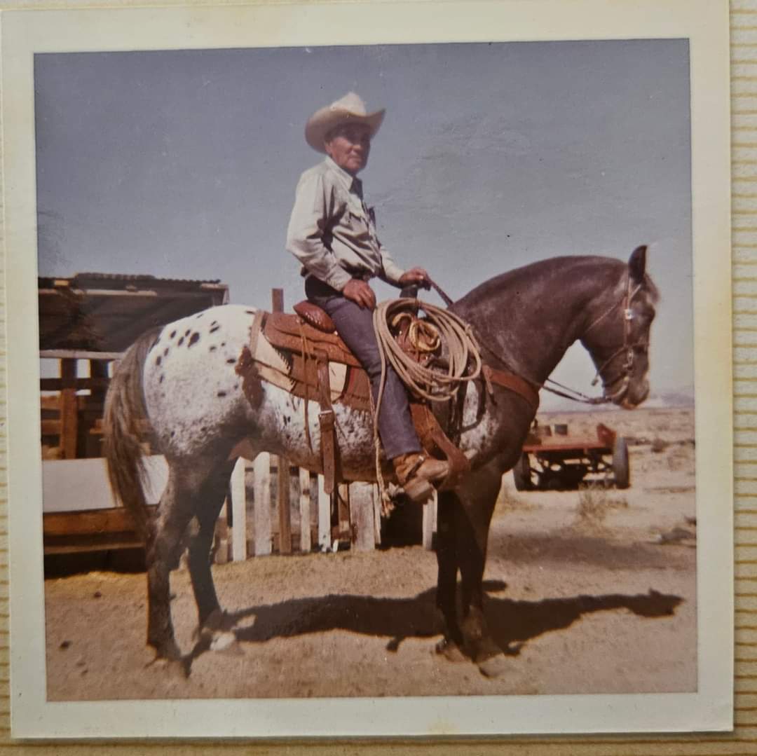 Bo Hampton on his Appaloosa horse, Blaze, in California